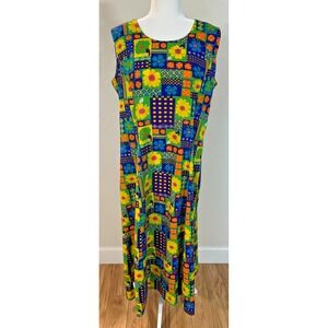 Vintage 1960s 1970s Maxi Dress Floral‎ Geometric Bright Print Flower Power 14/16
